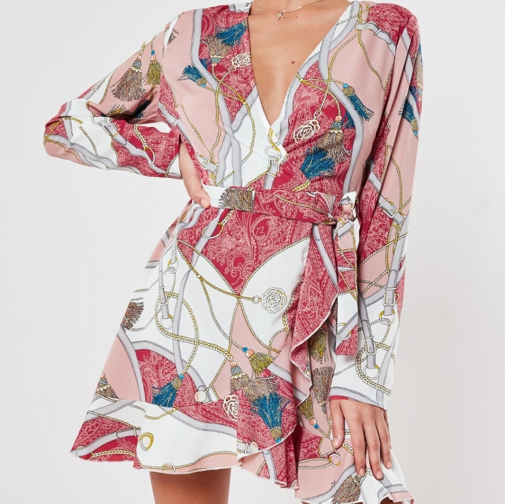 NWT - Wrap style dress with chain and tassel print
